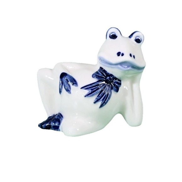 Delft Blue Style Ceramic Frog Figurines Set of 2 Blue White Windmill Design - Picture 2 of 5